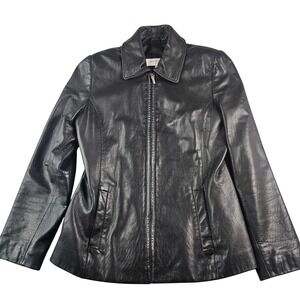 Liz Claiborne Leather Jacket Women Petite Medium Black Zip Front Lined Classic